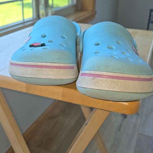 Crocs Light Blue Clogs Pink Accents 1 Watermelon crock charm included Kids Child - Picture 12 of 16